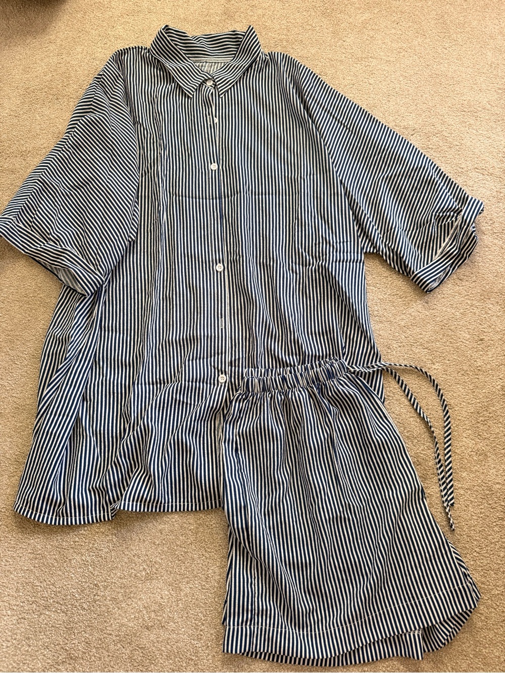 NWOT Women’s Navy and White Striped Swimsuit Coverup Set